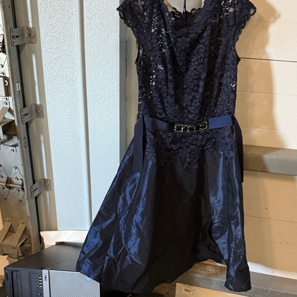 Teri Jon Midnight Blue Lace and Satin Midi Dress